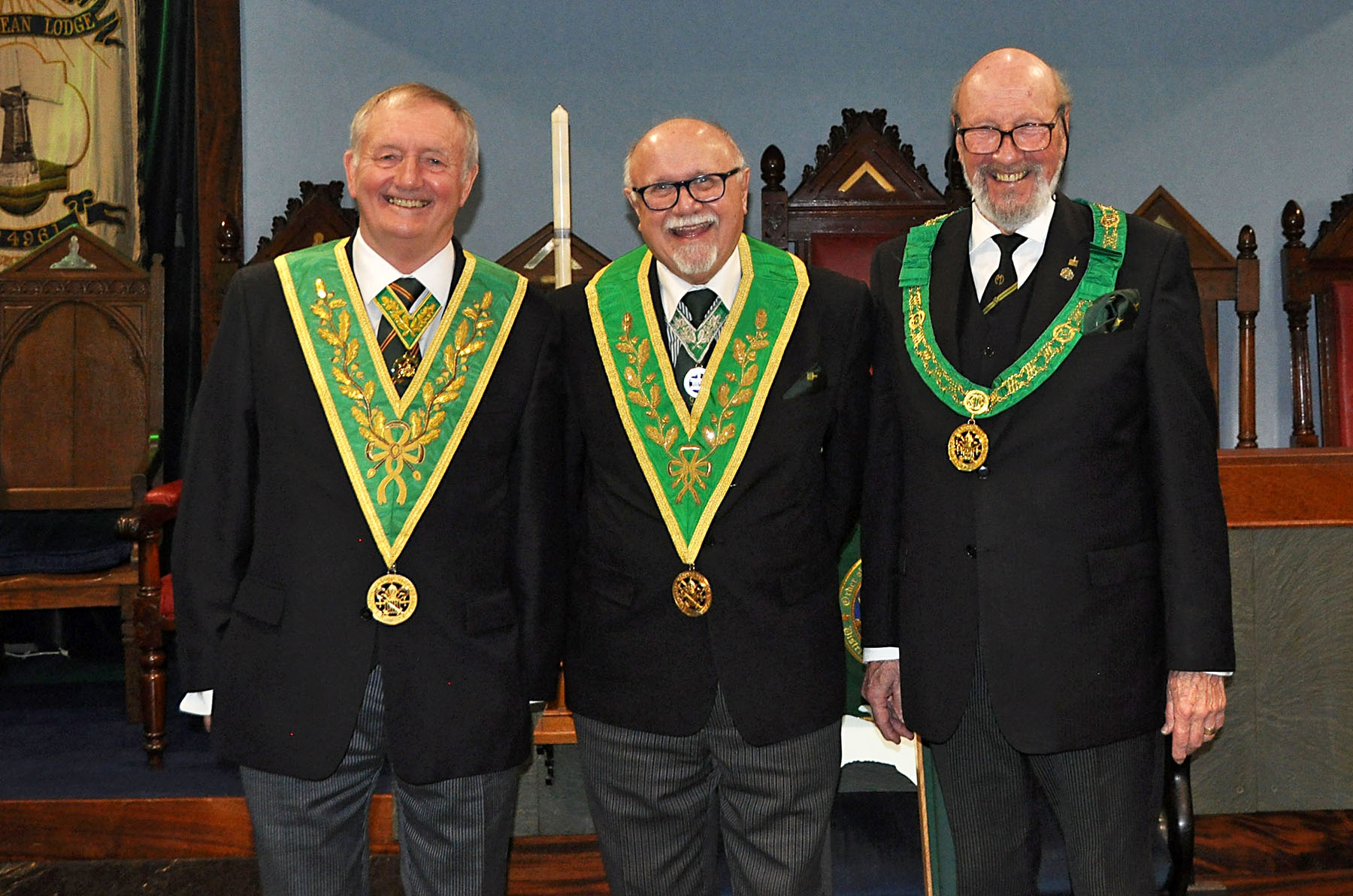 The DGP for Sussex R.W. Bro. Gene Earland with W.Bro Bob Tuthill (DDGP for Surrey) and R.W.Bro Clive Manuel  PDGM