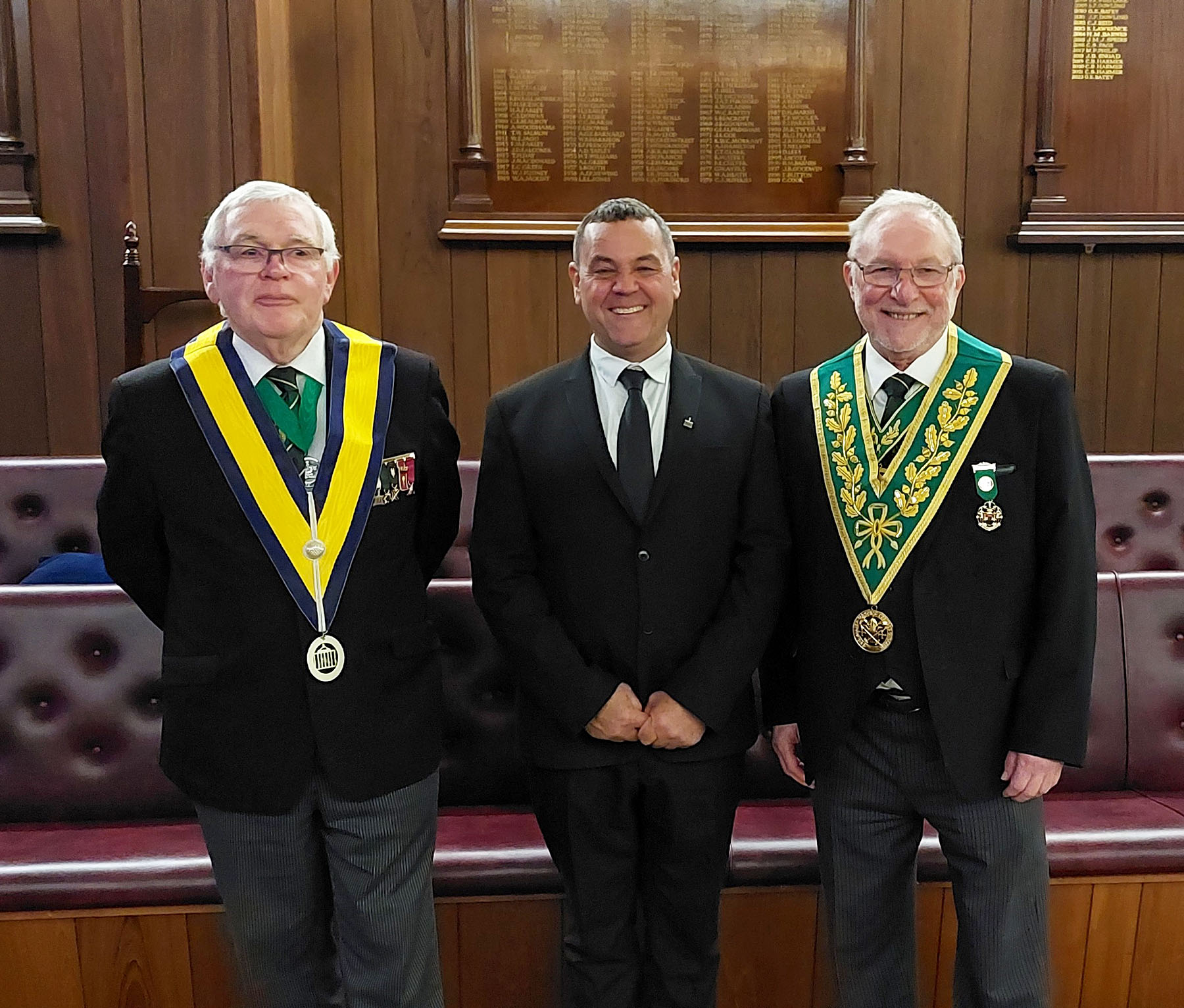 Newly Admitted Bro. Nick Baker with W.Bro.'s Fred Brown (WM) and David Green