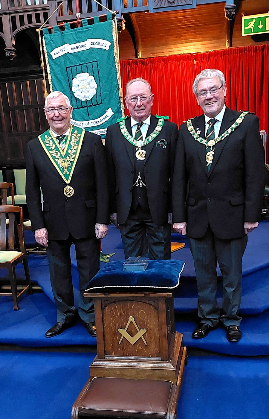 The D.G.P. for Yorkshire R. W. Bro. Brian Butterfield with the D.G.P. and Deputy form Kent