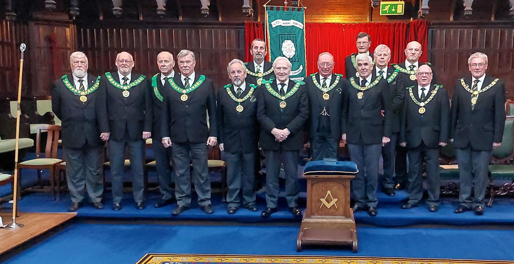 The D.G.P. for Yorkshire R. W. Bro. Brian Butterfield with all of the visiting D.G.P.'s
