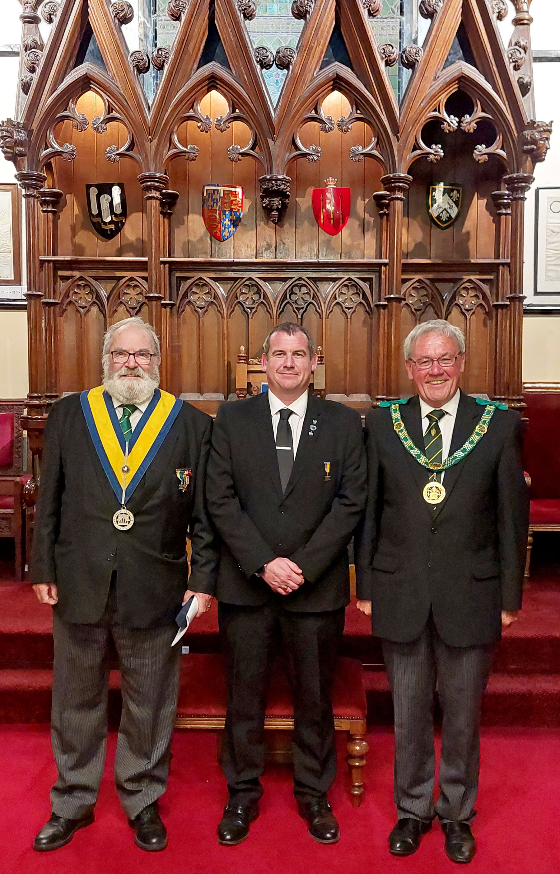 The Worshipful Master, W. Bro. Alan Wilson-Storey, with Bro. Karl Bowman and the District Grand Prefect, R. W. Bro. Brian Ward