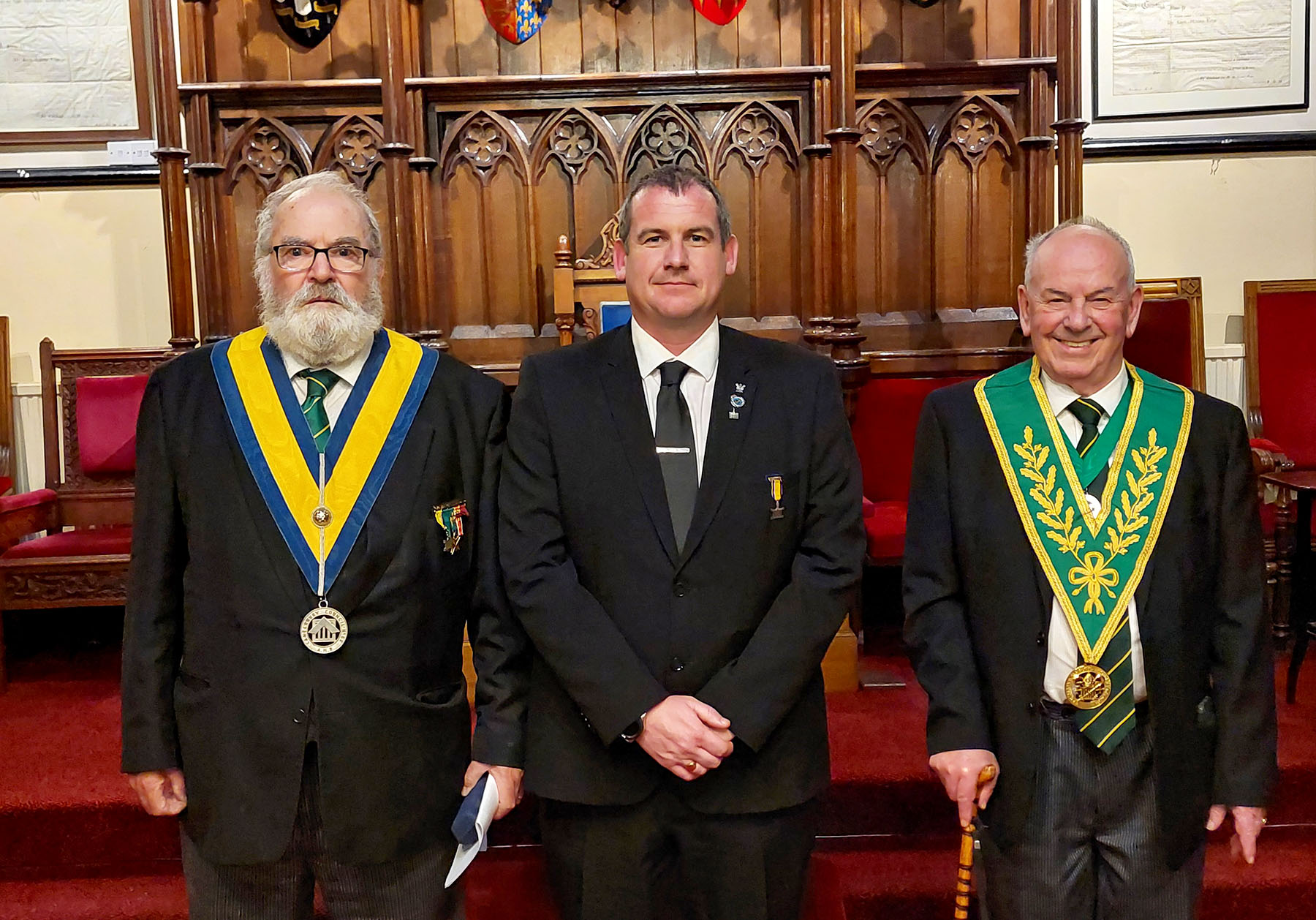 The Worshipful Master, W. Bro. Alan Wilson-Storey, with Bro. Karl Bowman and W. Bro. Paddy Langdown