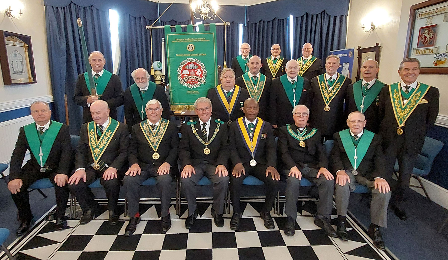 The District Grand Prefect R.W.Bro Brian Ward with his Active District Officers and the Worshipful Master  W.Bro. Raymond Johnson