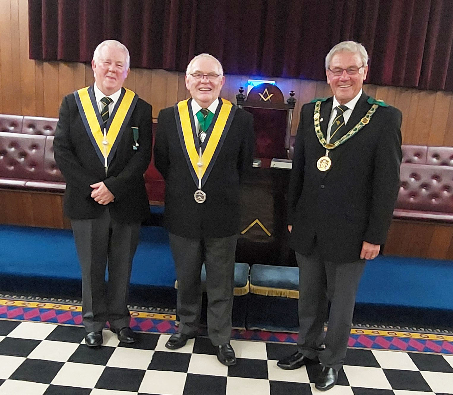 W.Bro Fred Brown (WM) with R.W.Bro. Brian Ward (D.G.P.) and Bro. Alan Brown who recieved his Grand Council Certificate