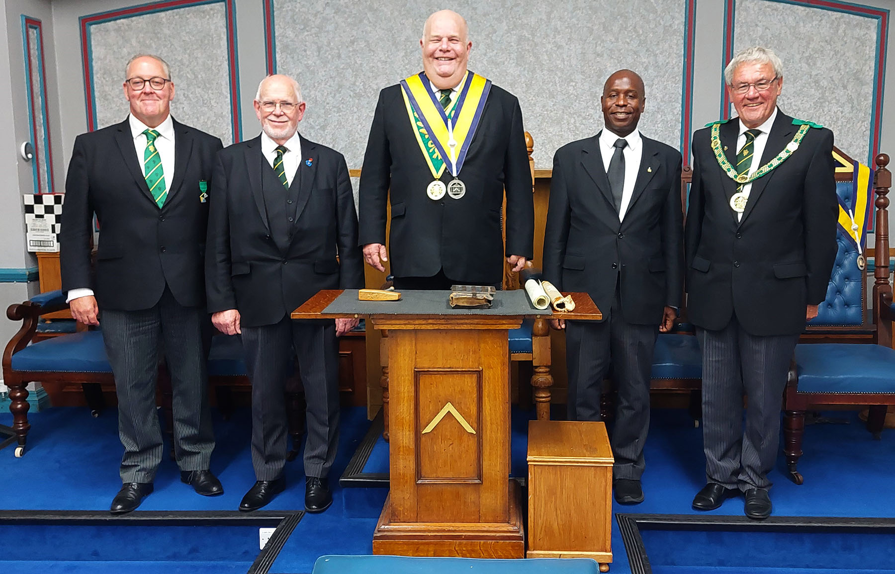 Bros. Grant, Deadman and Jerome with W.Bro. Phil Clare (WM) and R.W. Bro. Brian Ward (D.G.P.)