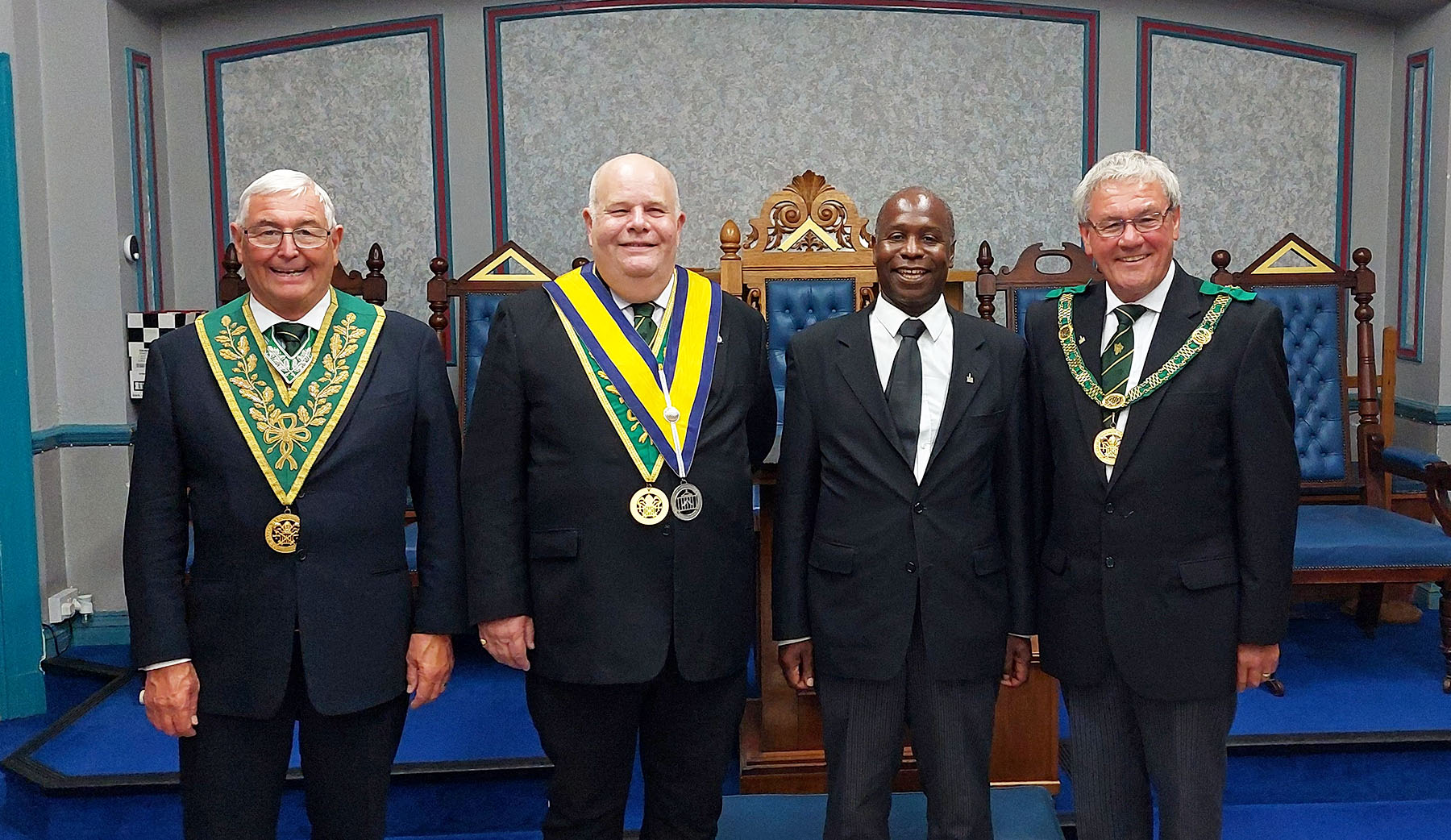 Bro Adrian Grant with the W.M. W. Bro Phil Clare and the D.G.P. R.W.Bro. Brian Ward the Dep. D.G.P. W.Bro. Geoff Whale