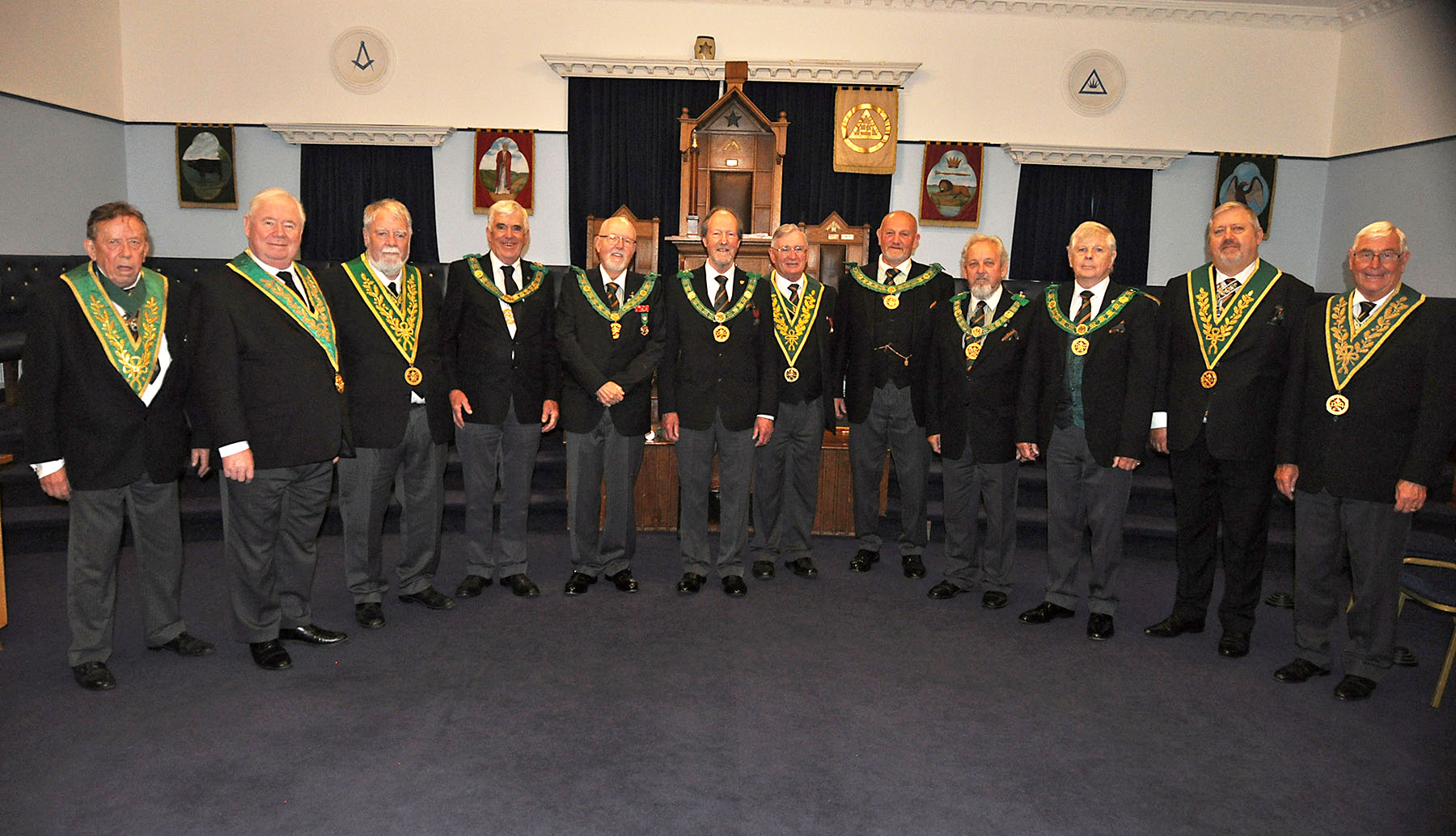 W.Bro. Geoff Whale with D.P.G.'s and other distinguished guests attending the Devon and Cornwall District Meeting.