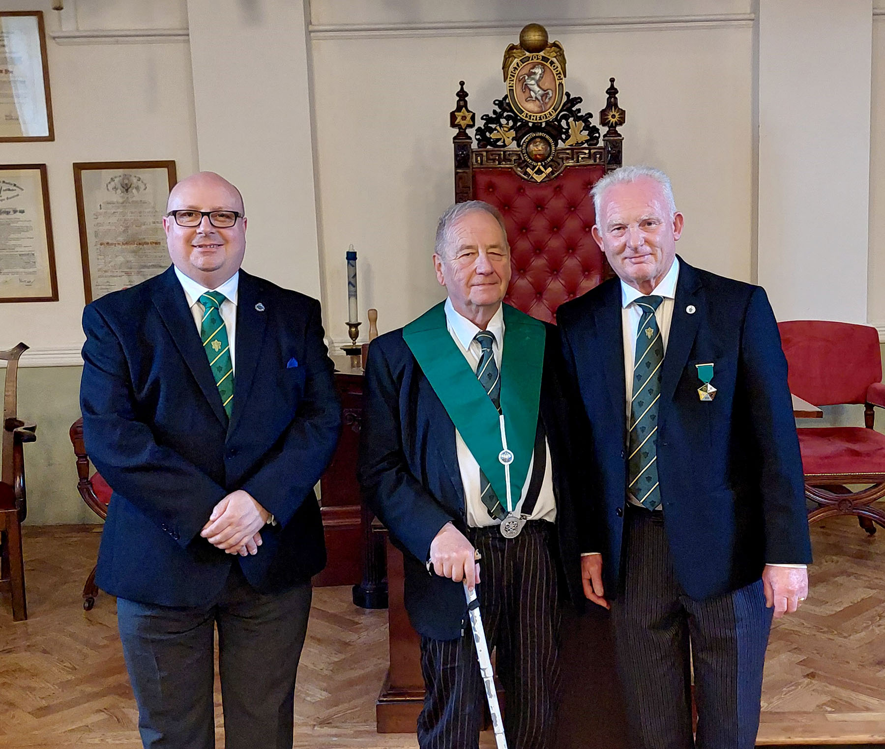 W.Bro. Roy Skelton with the Installing Master W. Bro. David Pugh and the joining member Bro. Christian Doll