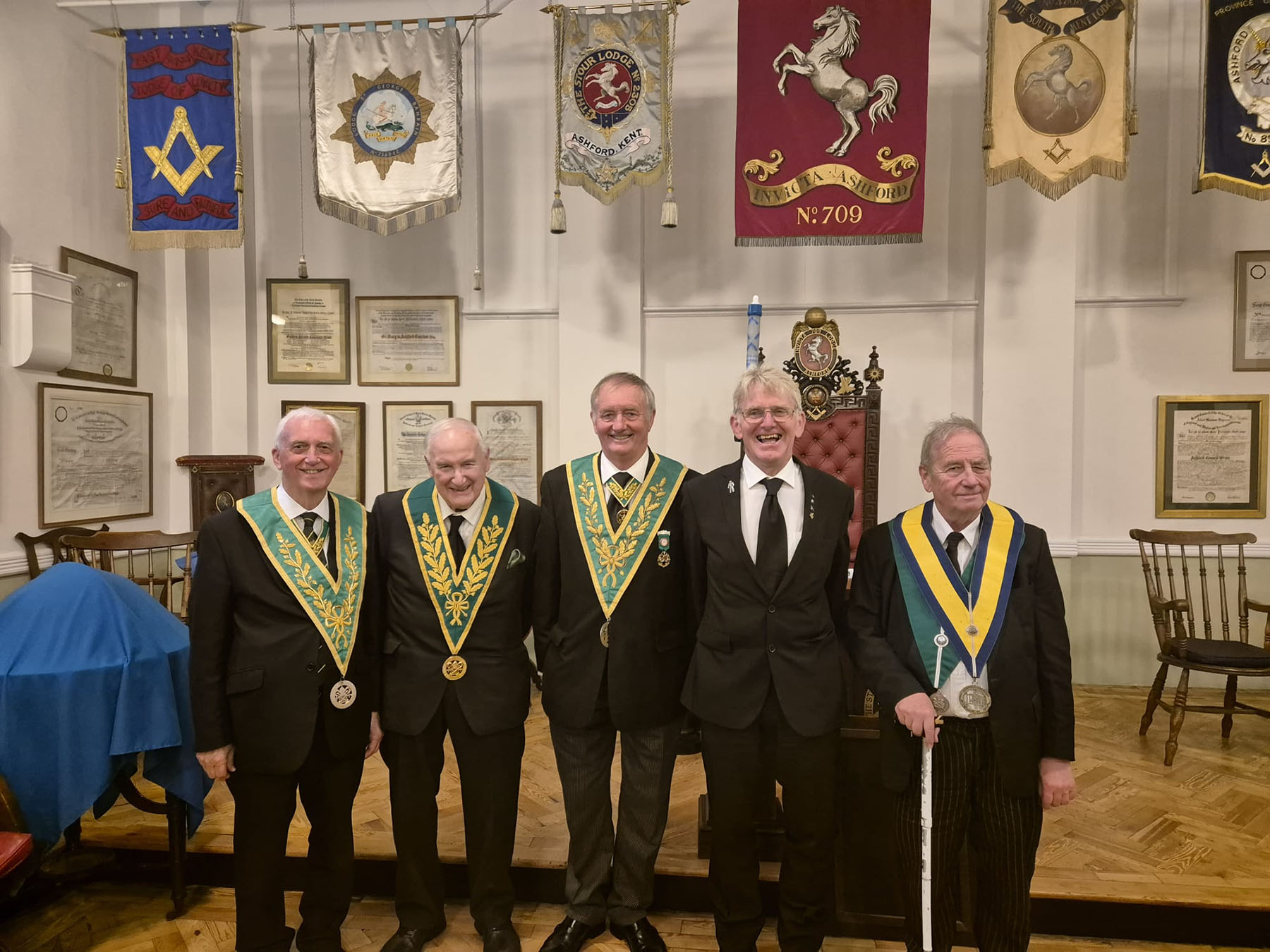 The WM W. Bro.Roy Skelton, with Bro. Peter Walkden accompanied by R. W. Bros Peter Brockband and Clive Manuel and W. Bro Roger Odd