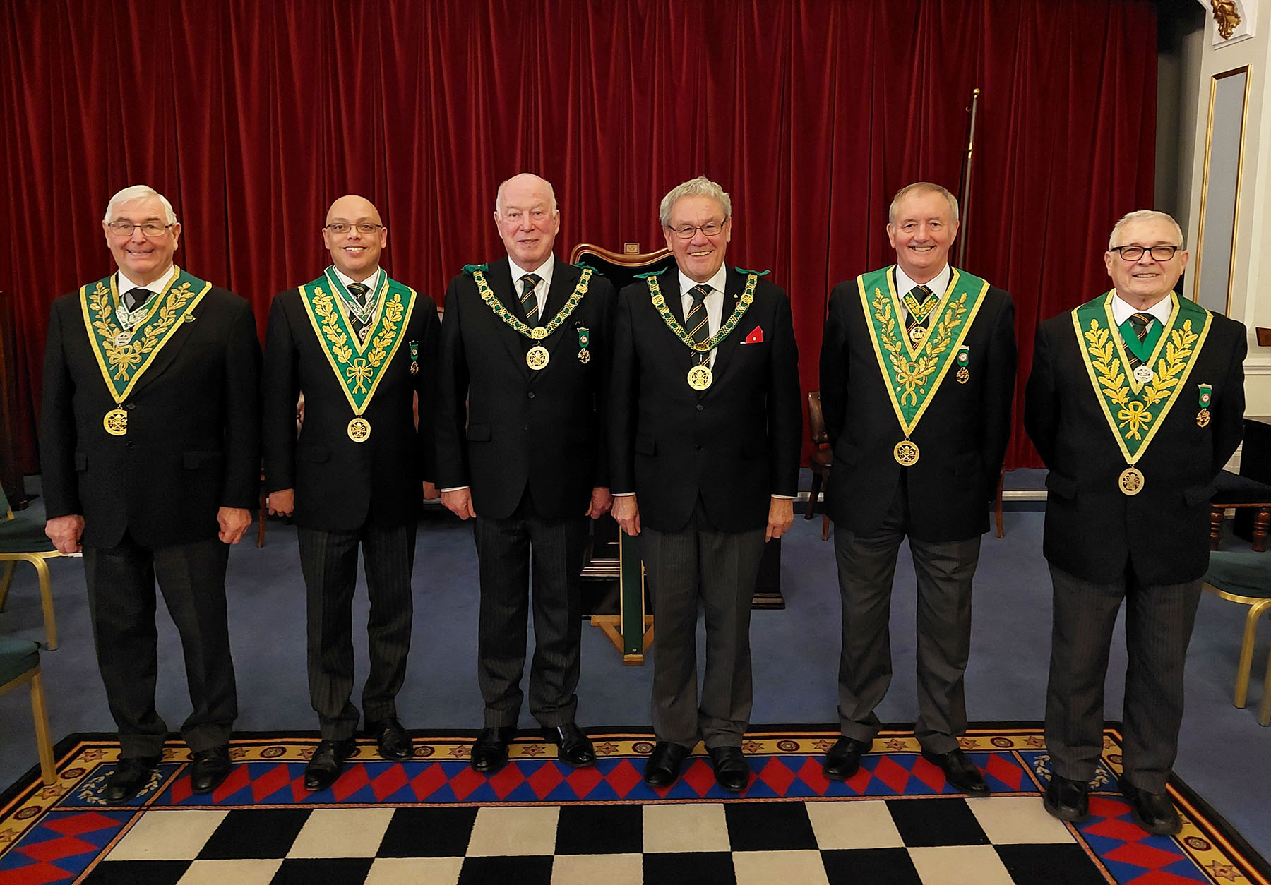 The Kent contingent (R. W. Bros Manuel and Ward, W. Bros Whale and Wilkins) with their London hosts R. W. Bro Colin Woodcock and his Deputy W. Bro. Scott Cargill