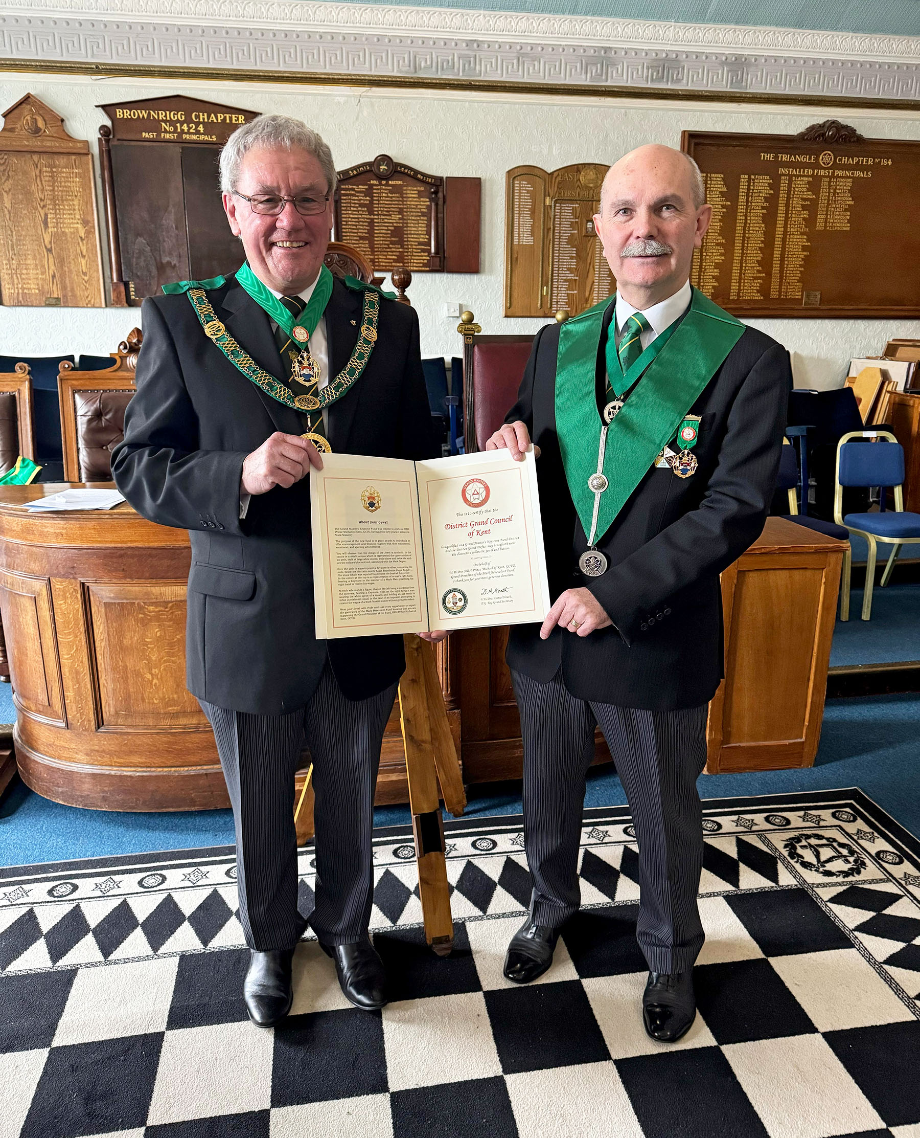 W.Bro Archie Torrance (President of the Mark Benevolent Fund) presents the Grand Master's Keystone Fund Collarette and Certificate the  District Grand Prefect for Kent R. W. Bro. Brian Ward