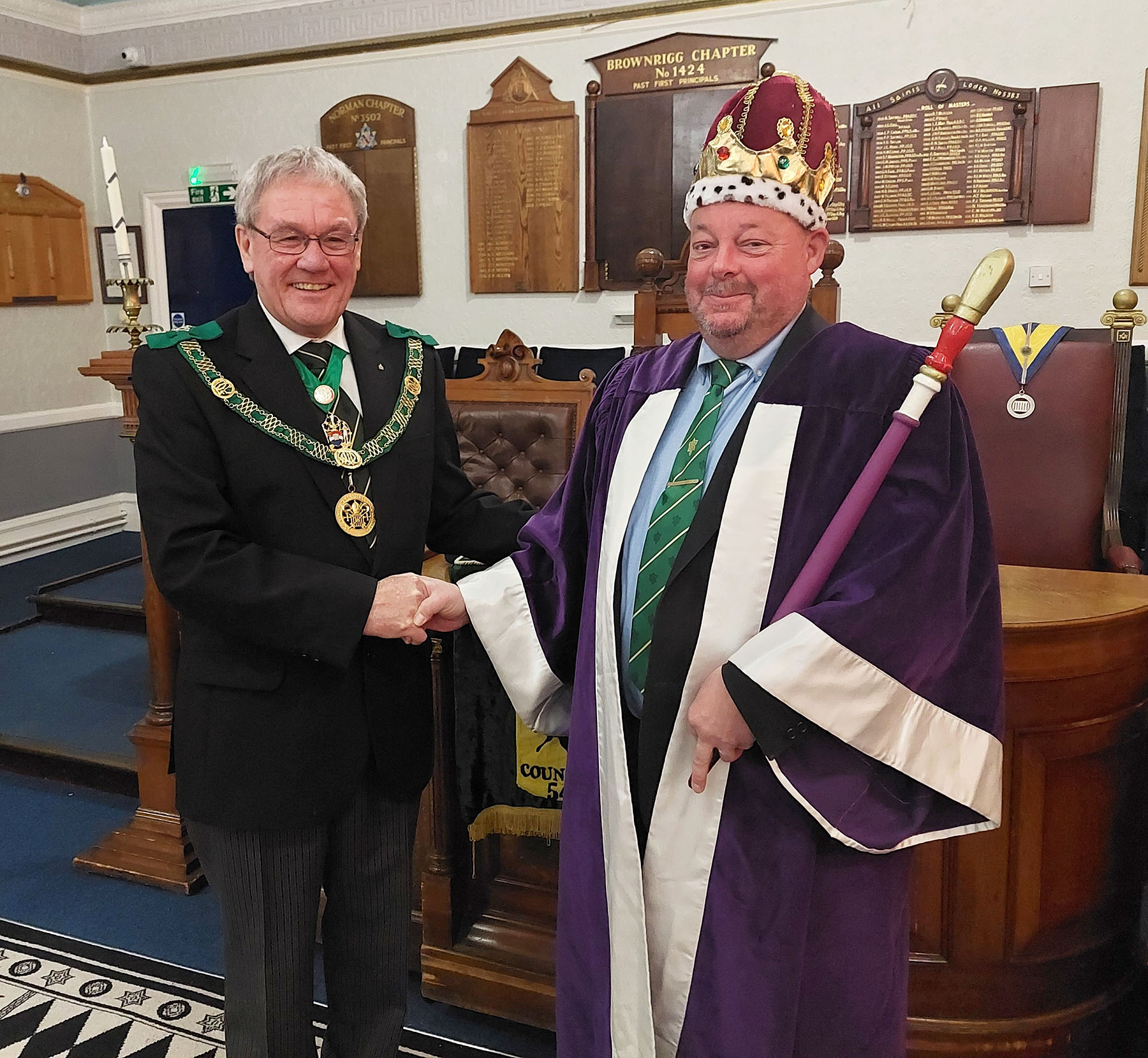 W.Bro. Bill Pennell (WM) looking very regal with the D.G.P. R.W.Bro. Brian Ward