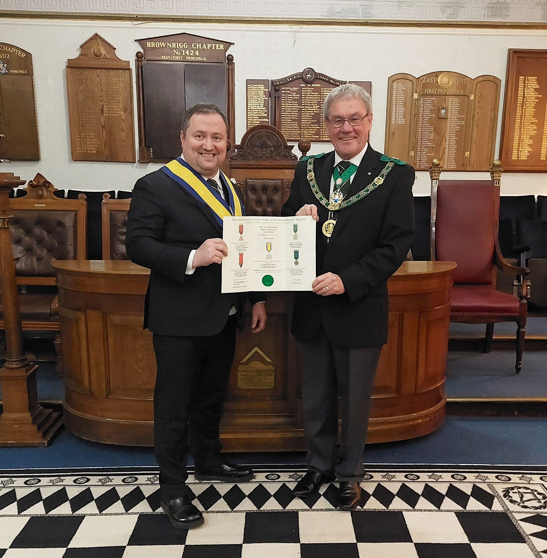 Bro. Shane Lawlor recives his Grand Council Certificate from the D.G.P. R.W.Bro. Brian Ward