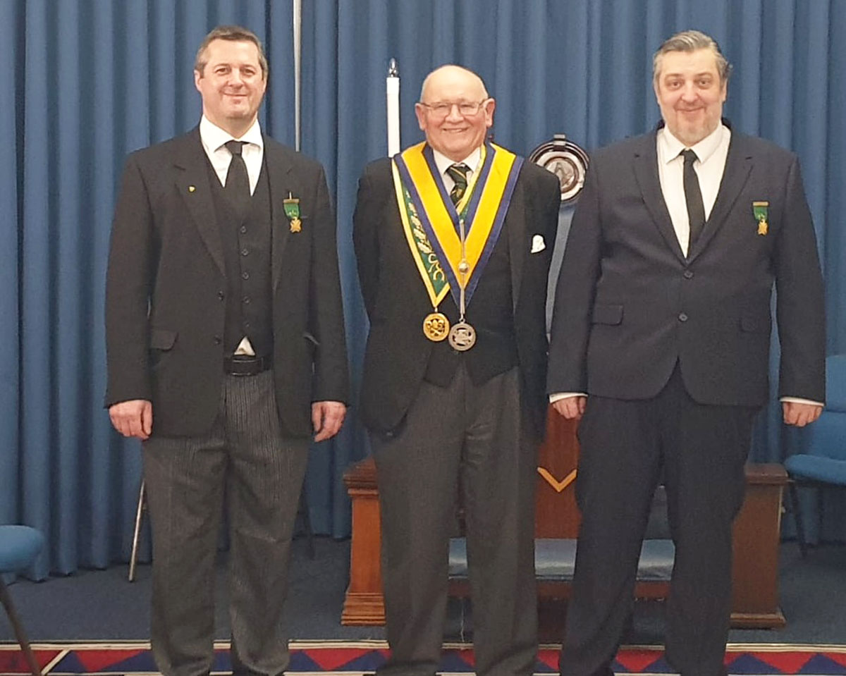 Bros Philip Gurney and Neil Sceeny with W.Bro.Jamie Alan the Illustrious Potentate