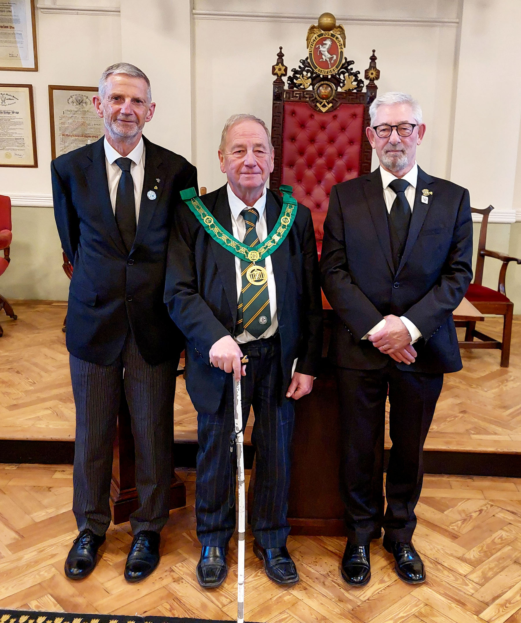 The Worshipful Master W.Bro. Roy Skelton with Bros. Bob Hadlow and Keith Beavers
