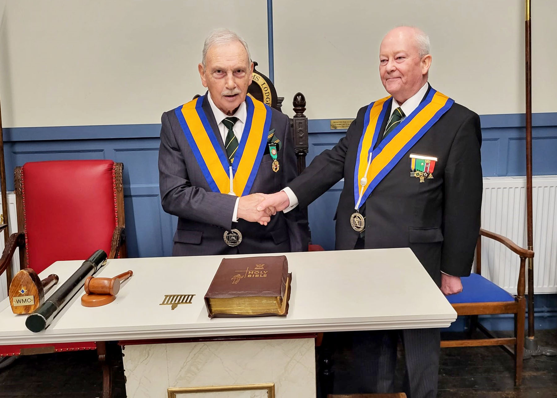 The Installing Master W.Bro. Nigel Cash congratulates the newly Installed master W.Bro. David James