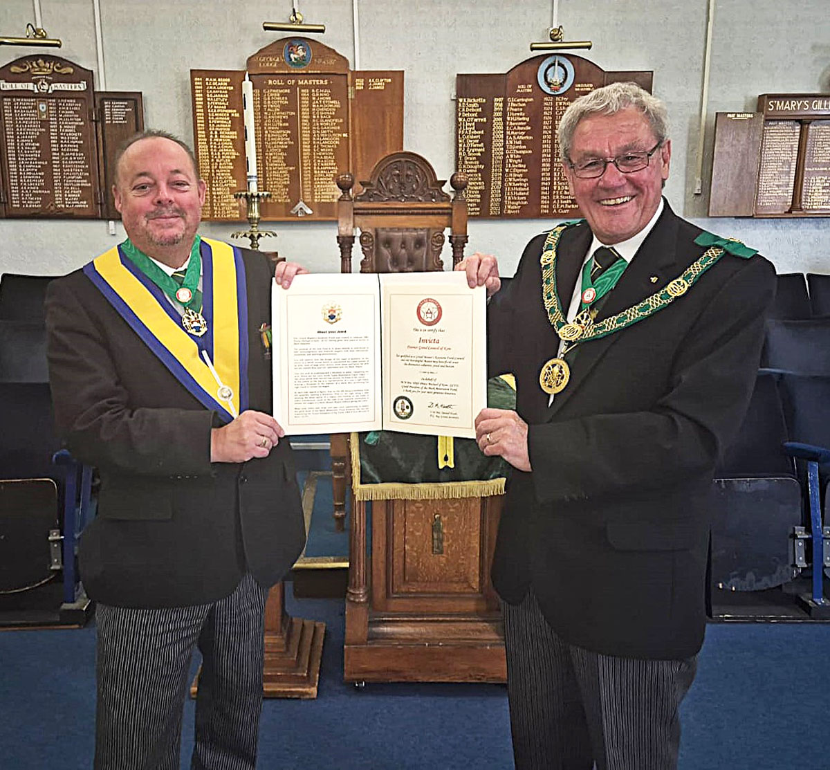The Worshipful Master of Invicta Recieved the G.M.K.F Certificate from the District Grand Prefect R.W.Bro. Brian Ward