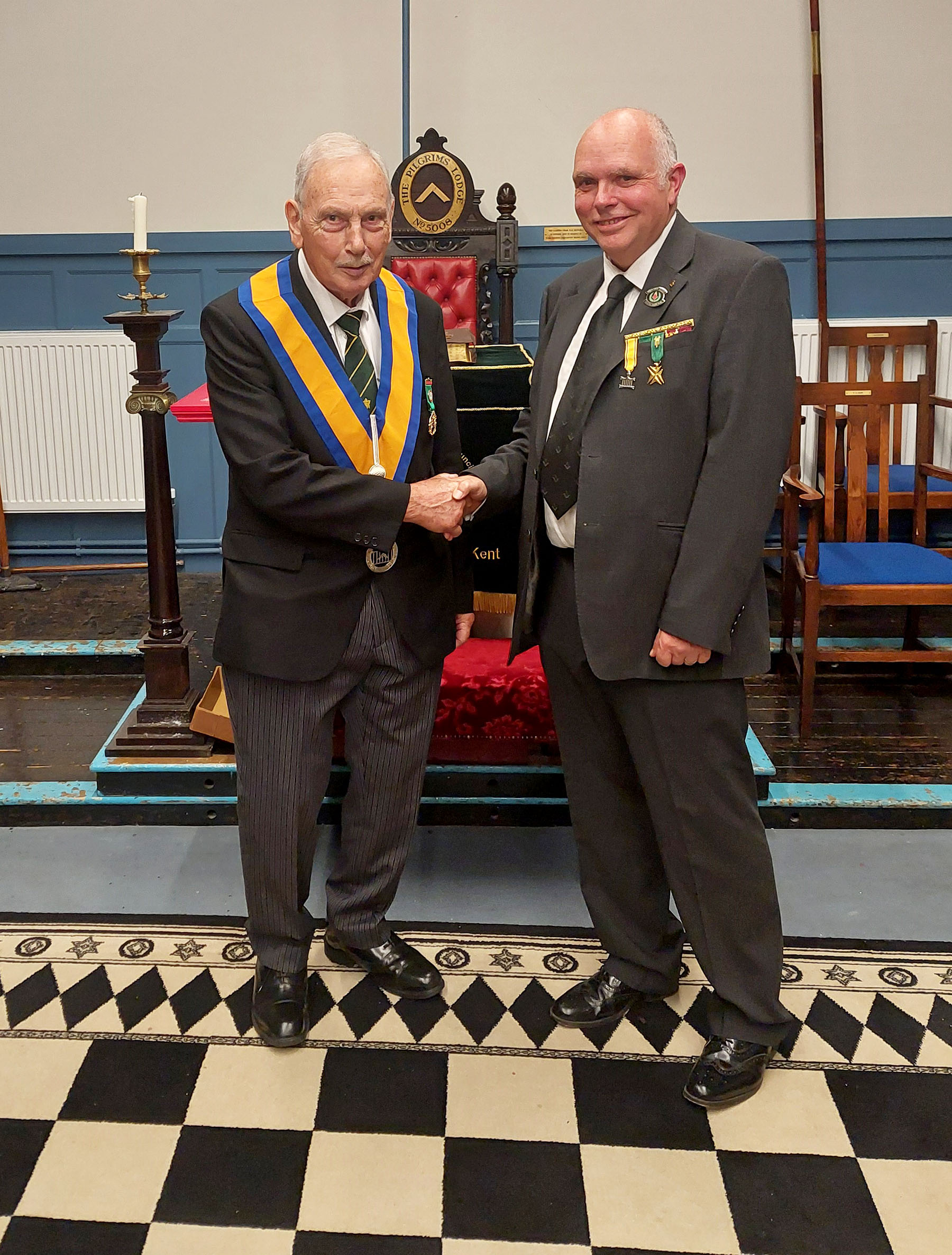 W.Bro. David James (MW) congratulates Bro. Gavin Crickett on being admitted as a brother of St Lawrence
