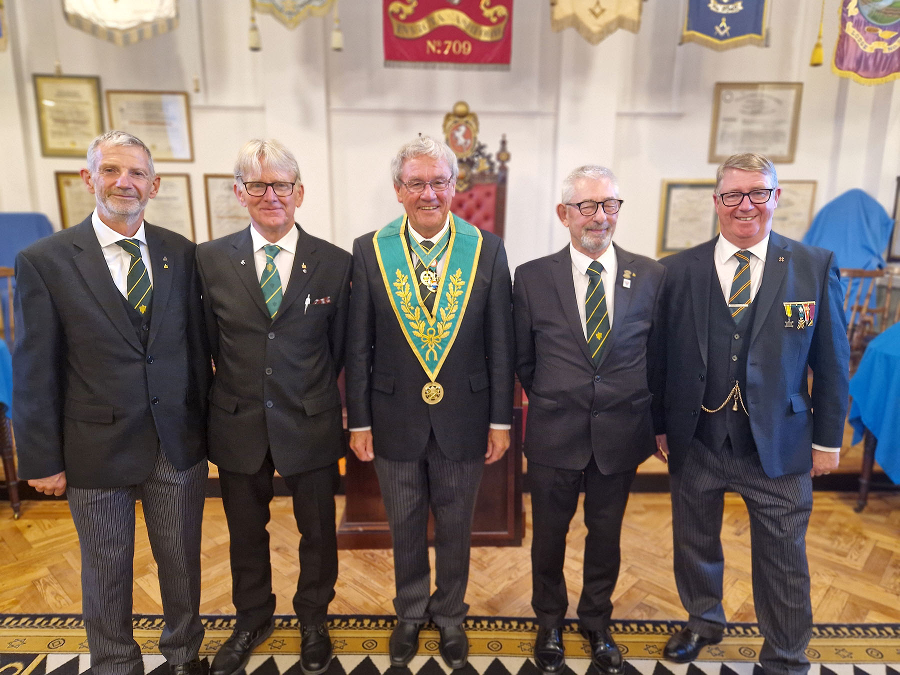 R.W.Bro. Brian Ward (D.G.P.) with the canddates Bros.Beavers, Hadlow, Walkden and Lucas