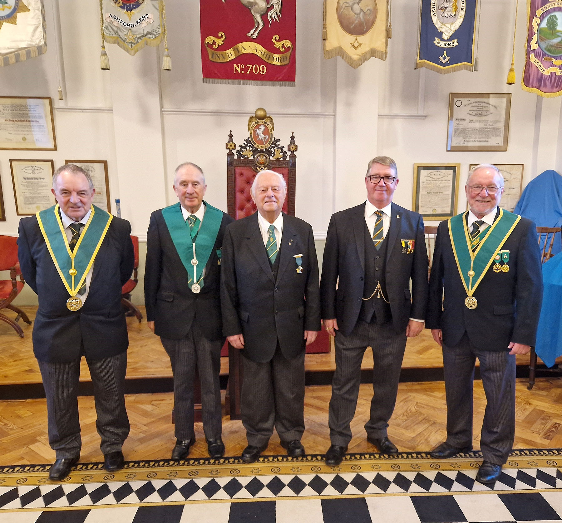 W.Bro. Ken Nunn (W.M.) with the visitors W.Bros. Finnis and Green and Bros. Hayler and Lucas
