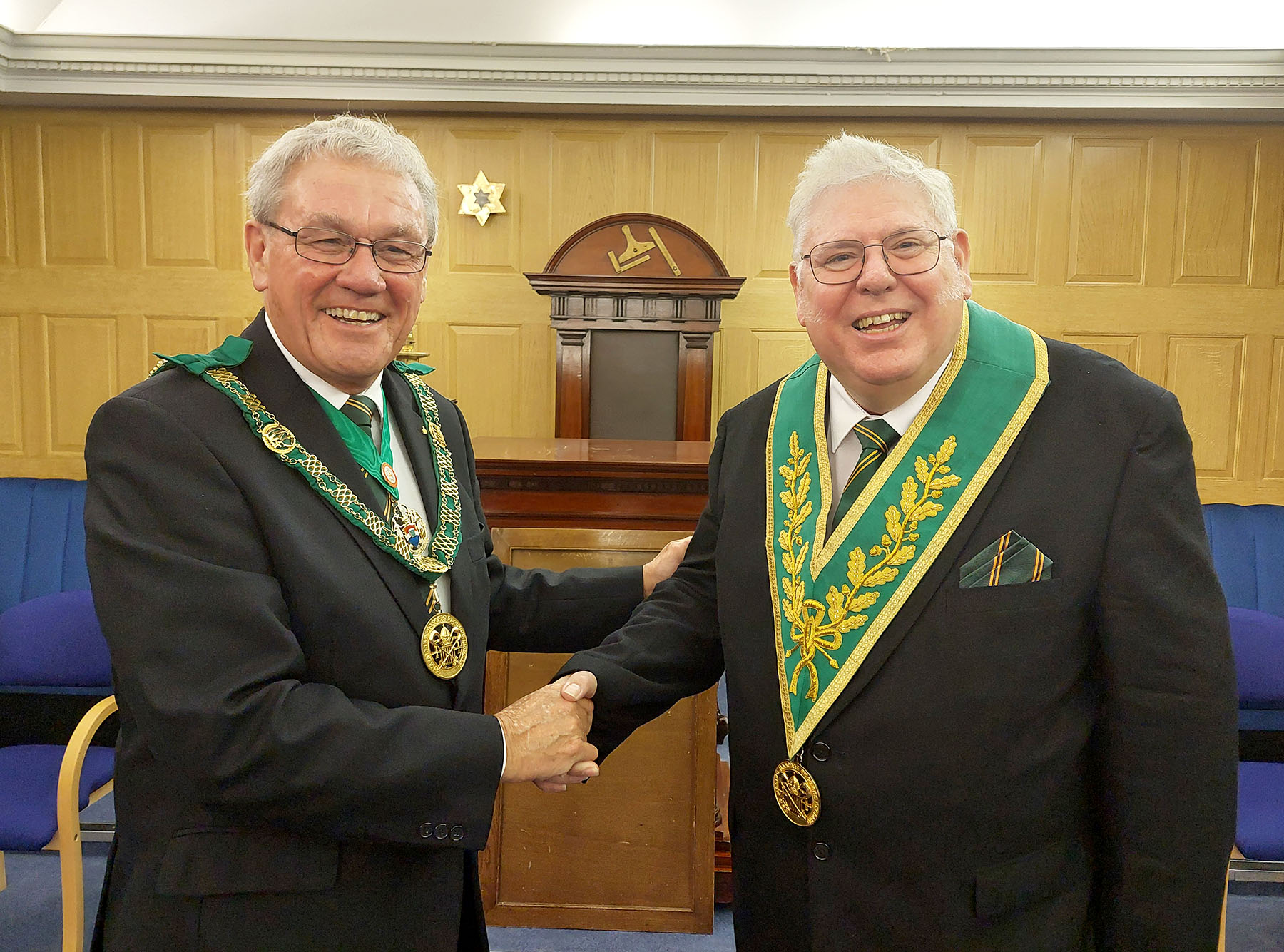 The D.G.P for Kent R.W.Bro. Brian Ward is welcomed by the W.M. of the Shuttleworth Council W.Bro. Graham Bainbridge