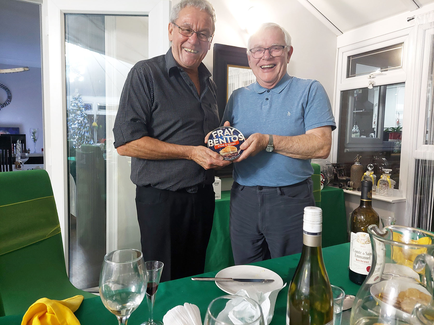 There is always a moment of silliness at every get togther - this is it: The D.G.P. presents Fred with a pie