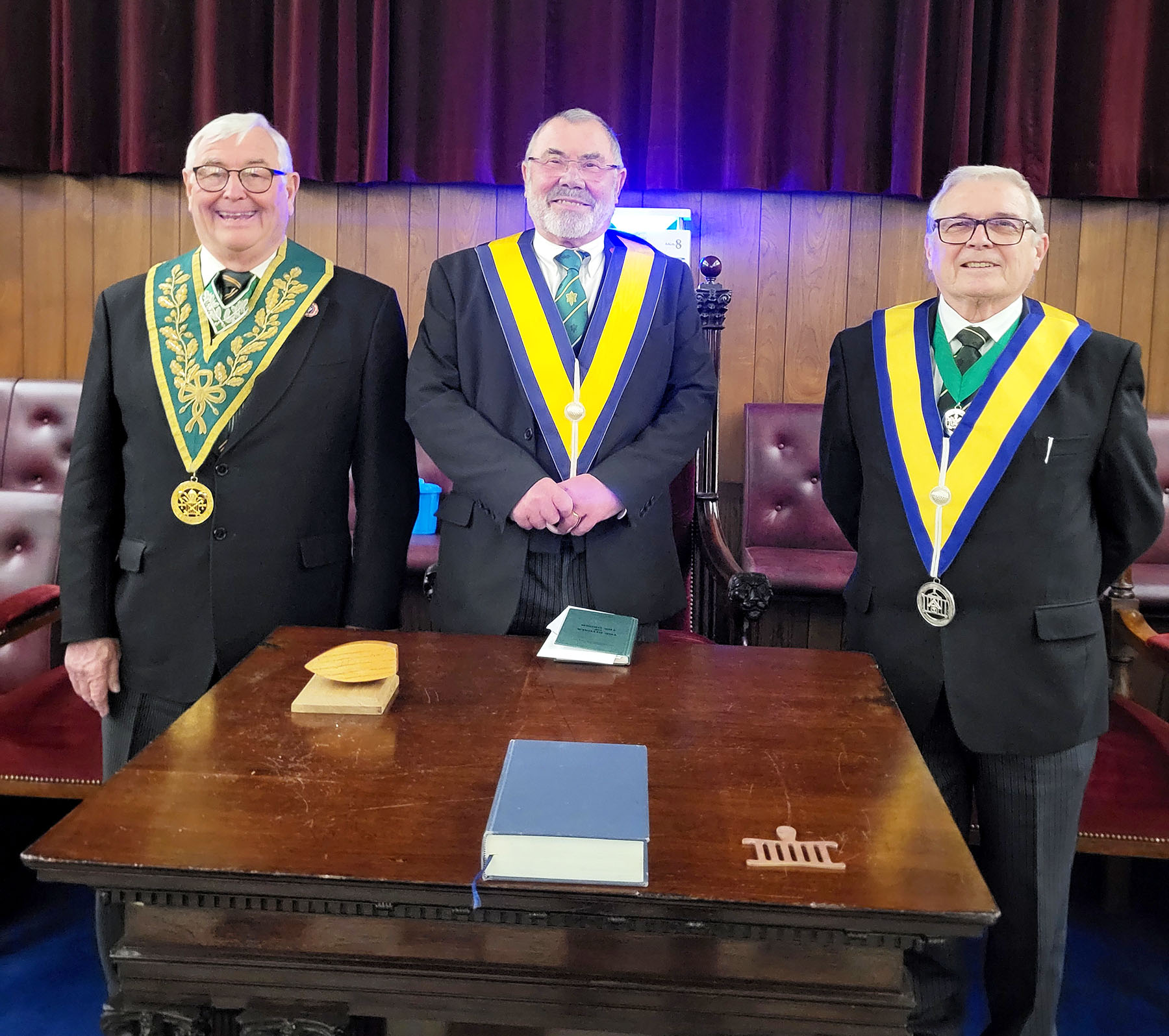 Ralph Apperley Derek Wilkins with Deputy District Grand Prefect Geoff Whale