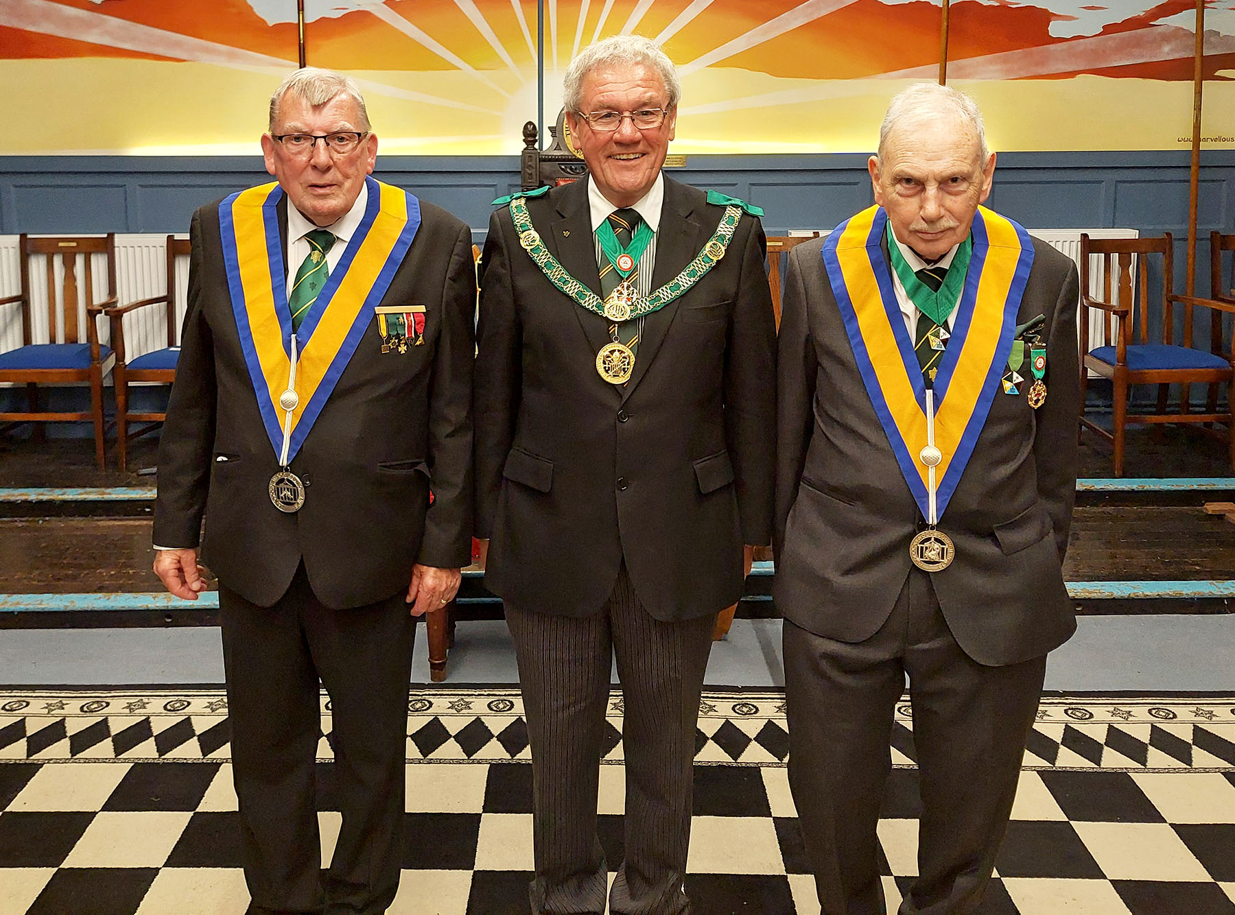 The Installing Master W. Bro David James with the D.G.P. R.W.Bro. Brian Ward and the new Master of the Paddock Wood Council W.Bro. David Austin