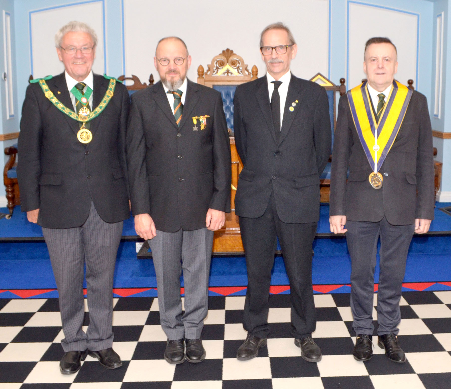 The Worshipful Master and the D.G.P with the Bros Ian Gallehawk and Rudi Degeest who are now Knights of Constantinople
